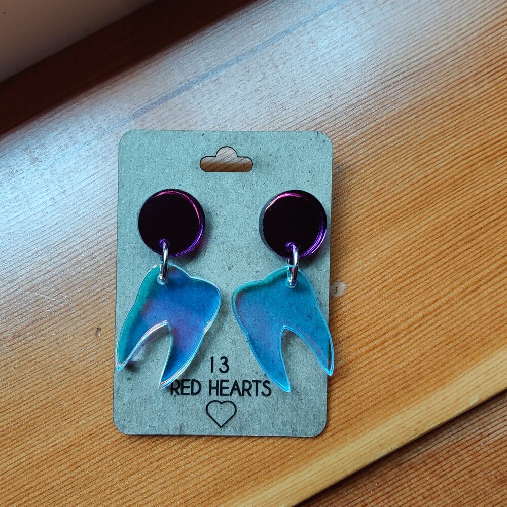 Purple mirror & Iridescent tooth teeth earrings for dentists, Halloween, goth